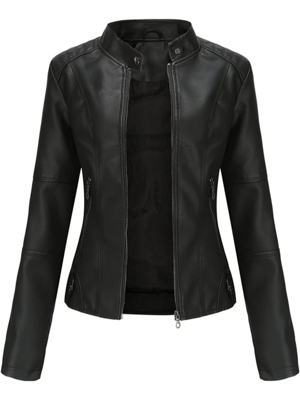 Women's Black Faux Leather Bomber Jacket Zipper closure Belted Motorcycle Coats